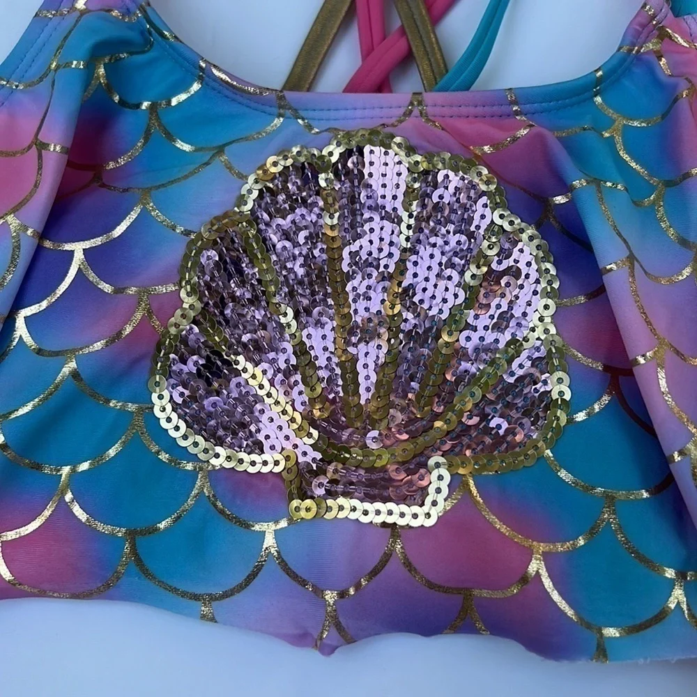 Betsey Johnson Gold Leme Mermaid Bikini Top Sequined Seashell GIRLS XL 14 NEW